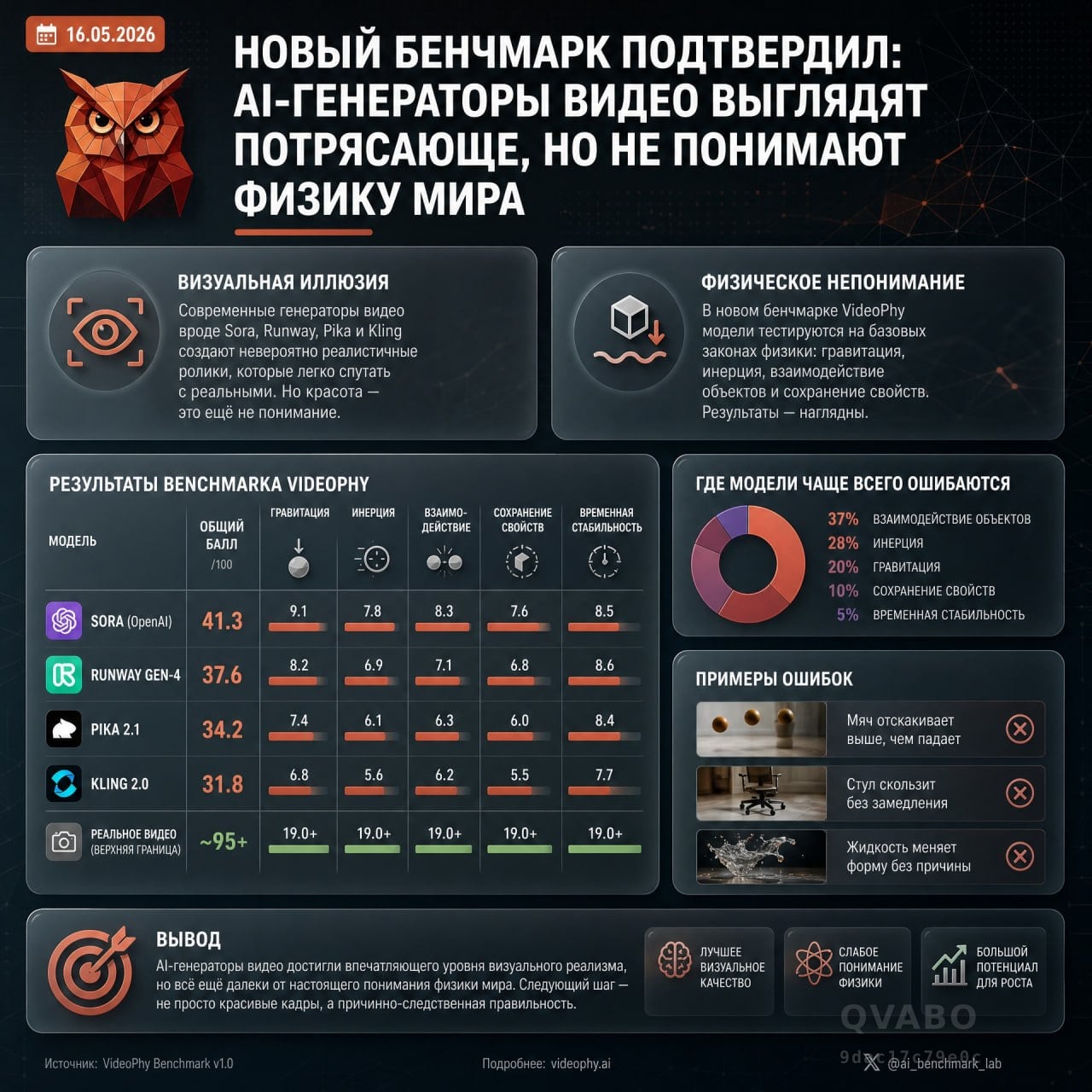 ❗️Новый бенчмарк подтвердил: AI-генераторы видео выглядят потрясающе, но не понимают физику мира